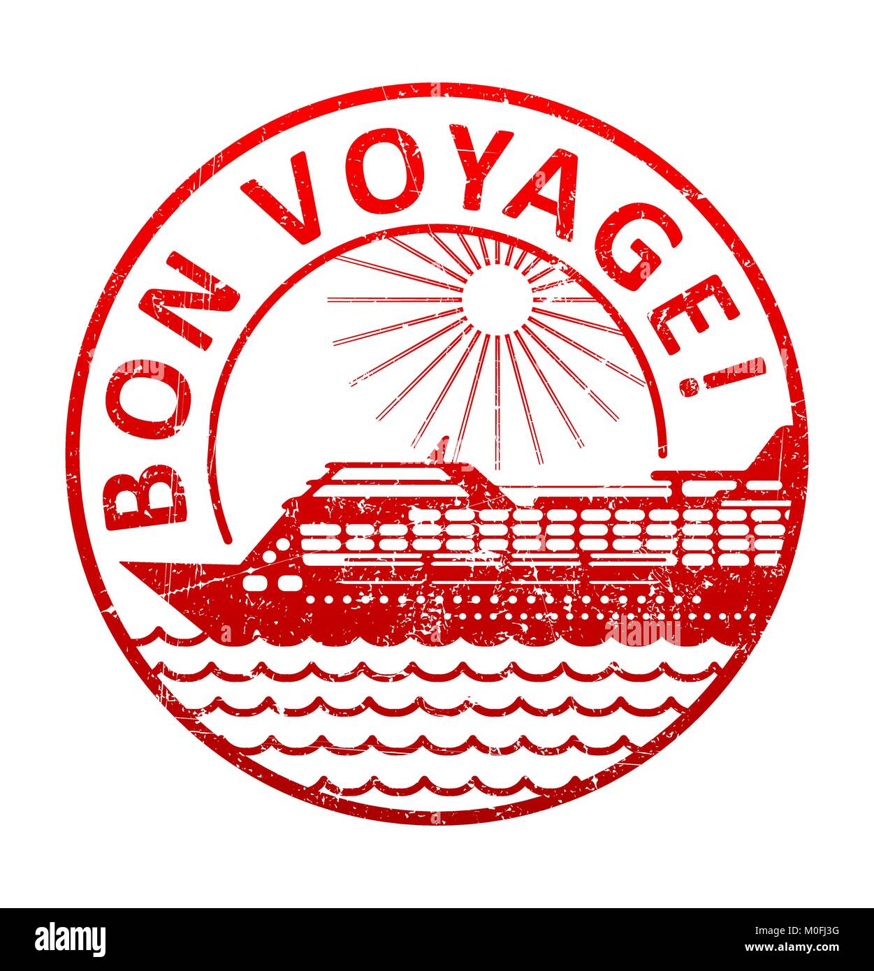 Bon Voyage - Stempel mit der Silhouette eines Kreuzfahrtschiffes im Meer. Grunge style Vector Illustration. Stock Vektor