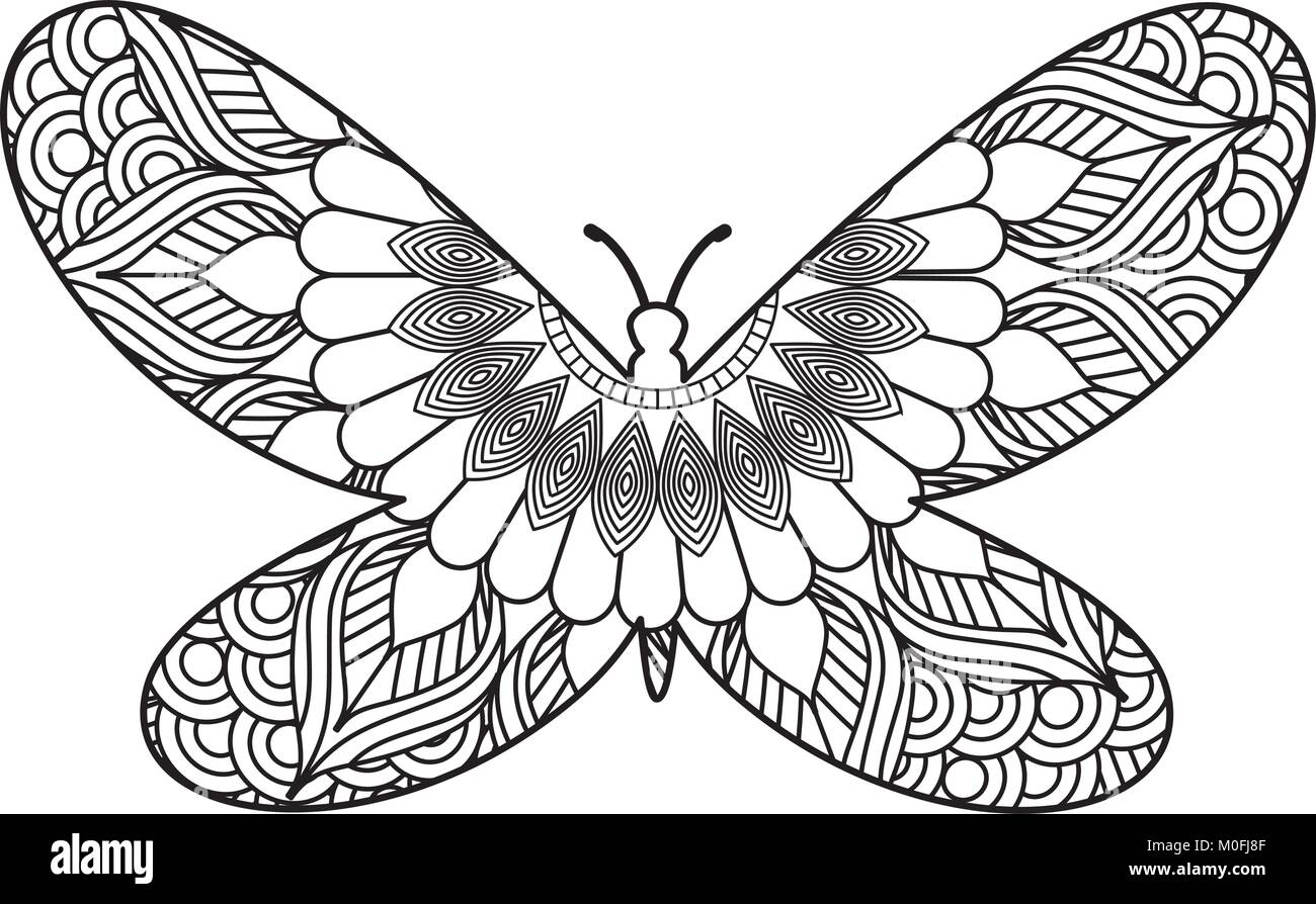 Hand für Erwachsene Malvorlagen mit Schmetterling zentangle monochrom Skizze gezeichnet Stock Vektor