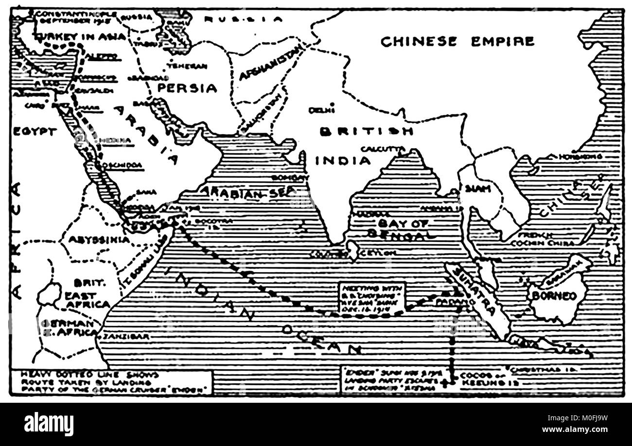 WWI-A 1917 Karte mit militärischen Aktivitäten in der 1914-1918 Erster Weltkrieg, der die Kreuzfahrt der deutsche Kreuzer SMS Emden und der Ort der Landung Stockfoto
