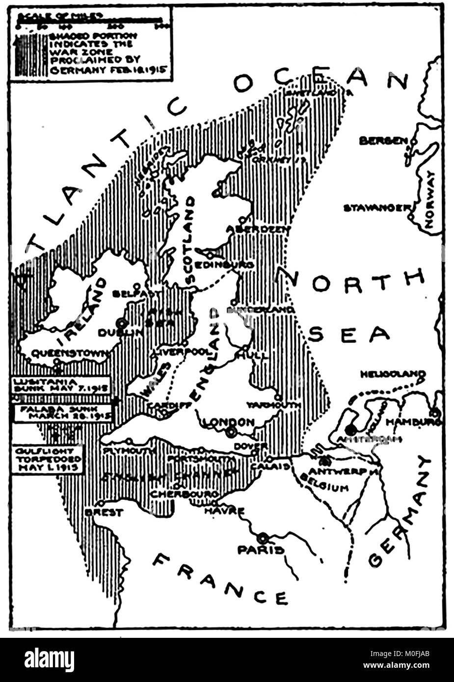 WWI-A 1917 Karte mit militärischen Aktivitäten in der 1914-1918 Erster Weltkrieg. Deutsche U-Zone um Großbritannien - War Zone verkündet von Deutschland am 19. Februar 1915 Stockfoto