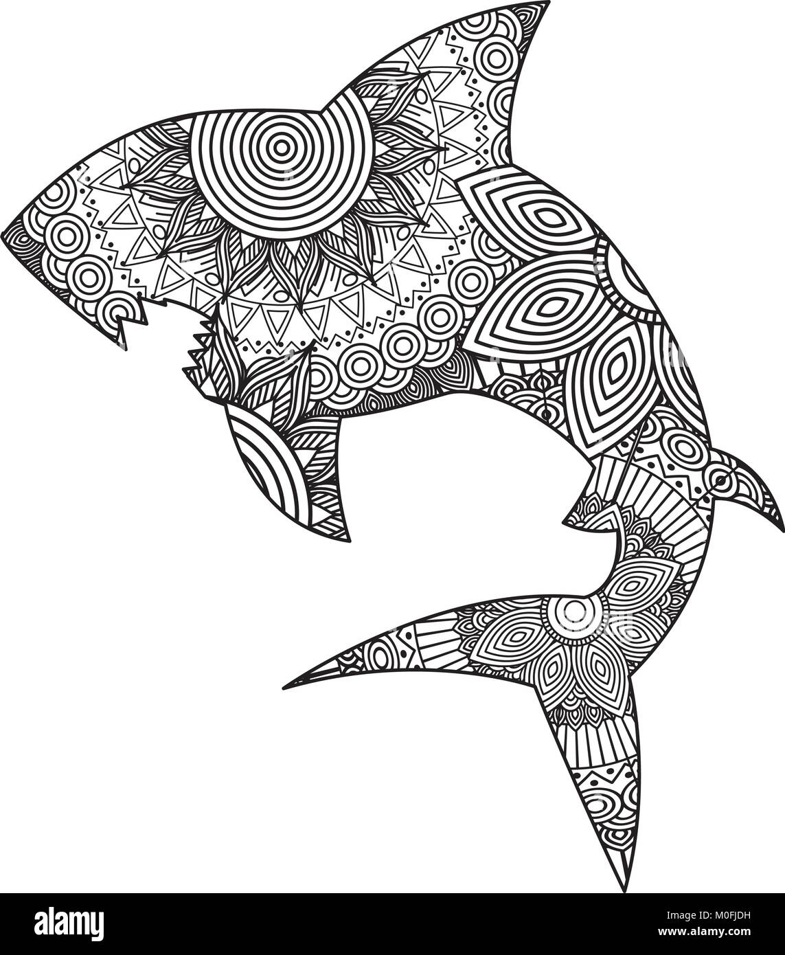 Hand für Erwachsene Malvorlagen mit shark zentangle monochrom Skizze gezeichnet Stock Vektor