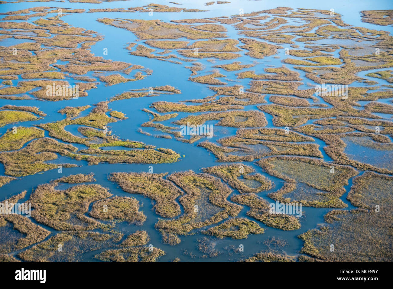 Schüsse auf die atemberaubende Georgia Sea Inseln und Wasserwegen für das Cockpit eines Searey Wasserflugzeug. Stockfoto