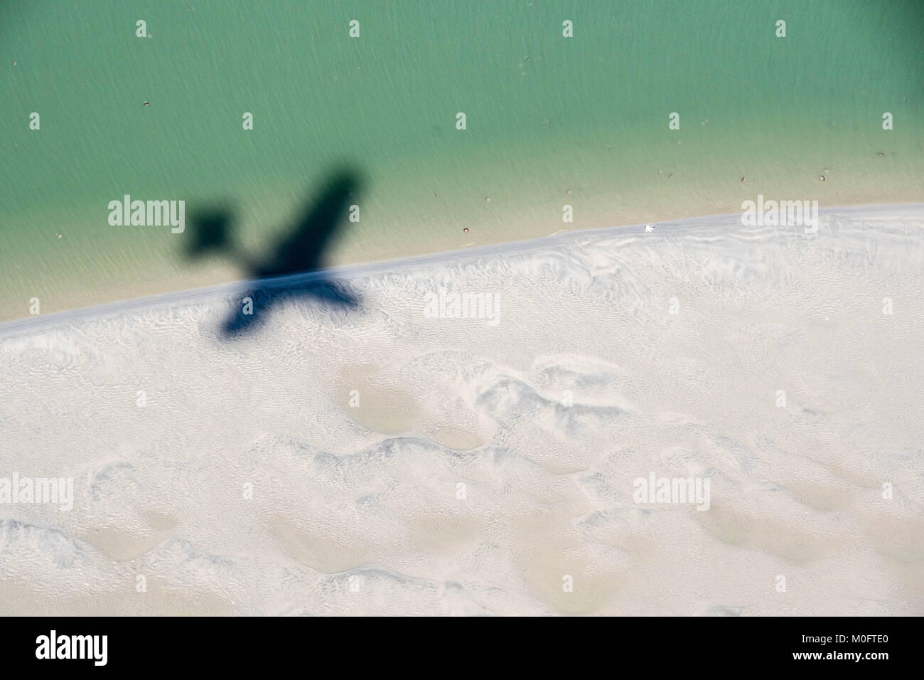 Schatten des Wasserflugzeug Webstühle, die über die Kante der Strand und das Meer, South Carolina Stockfoto