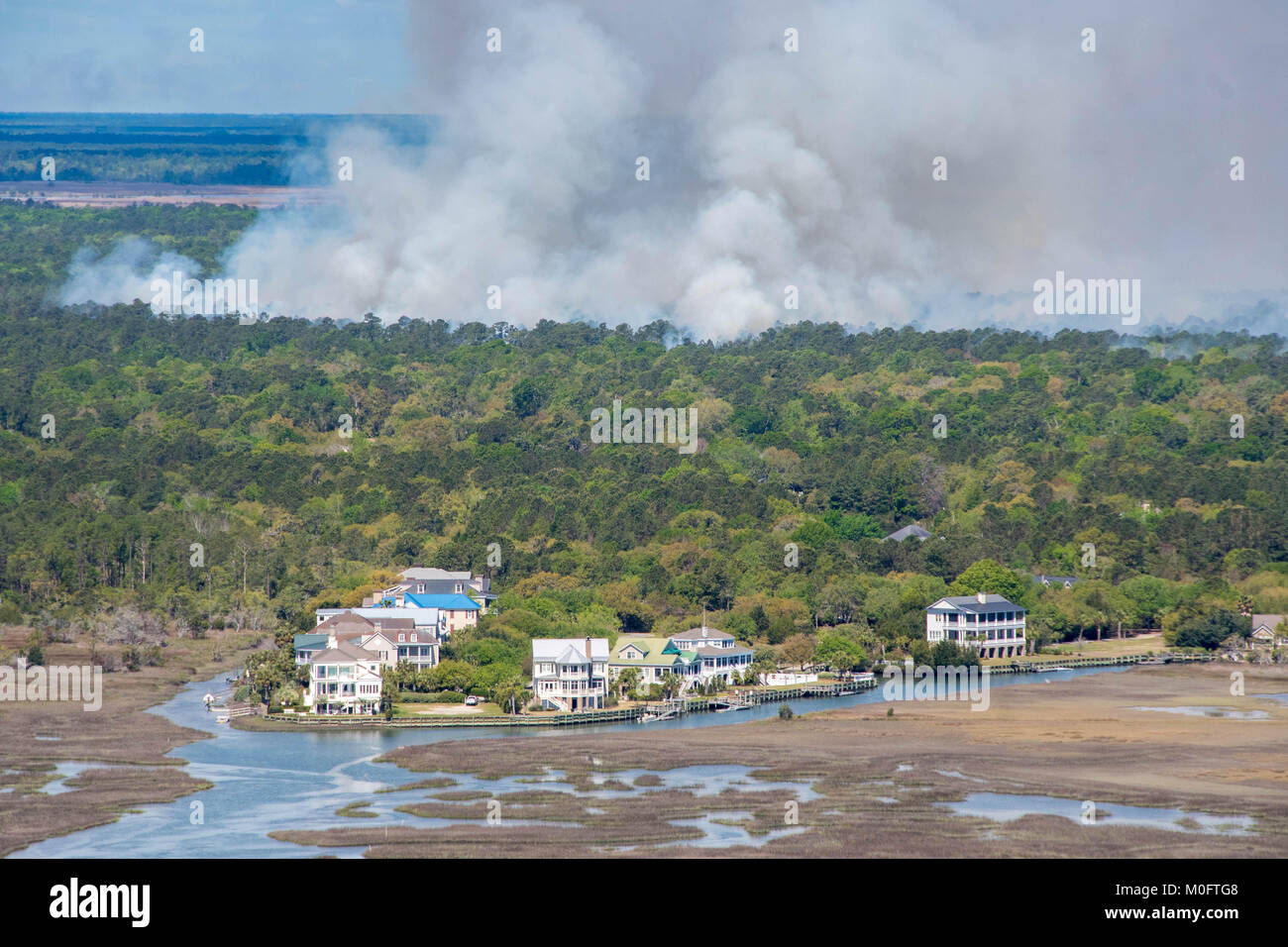 Feuer lodert im Wald in der Nähe von Küstengewässern, South Carolina Stockfoto