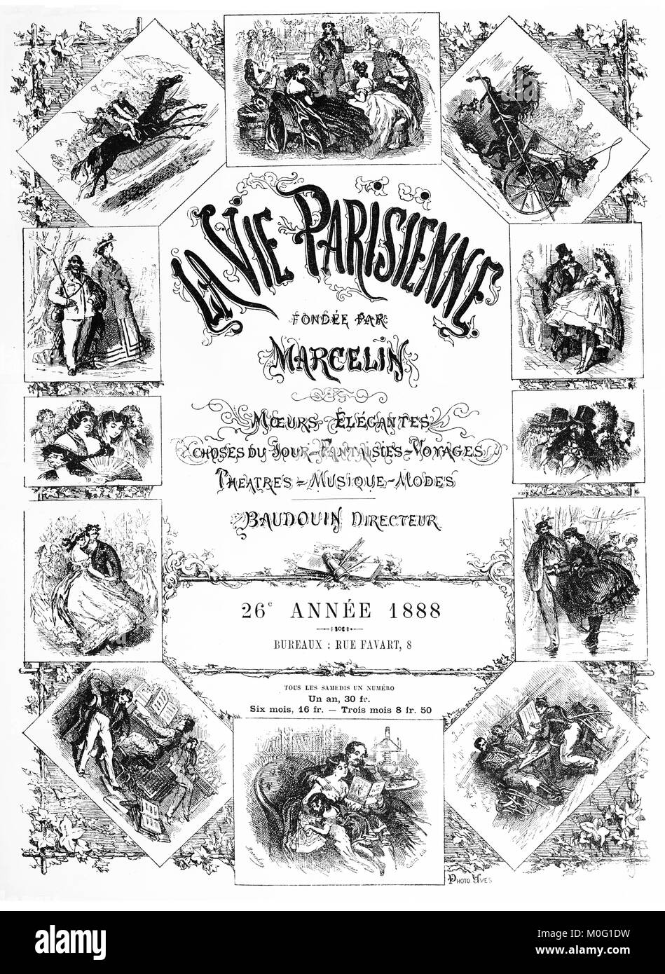 Französische satirische Zeitschrift La vie parisienne 1888, jährliche Sammlung vordere Abdeckung, Humor, Karikaturen, Porträts Stockfoto