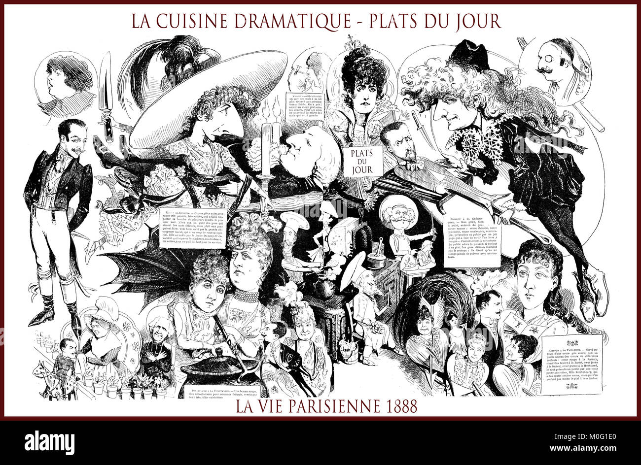 Französische satirische Zeitschrift La vie parisienne 1888, zentrale Seite: La cuisine dramatique, plats du jour - Drama Küche, heute-Liste. Humor, Karikaturen, Porträts Stockfoto