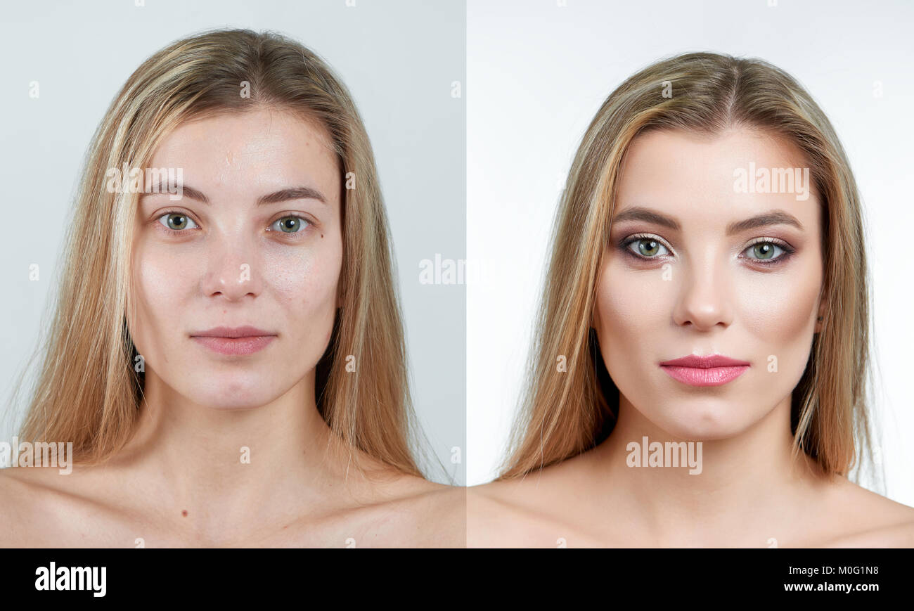 Vergleich Foto von einer schönen blonden Mädchen ohne und mit Make-up. Stockfoto
