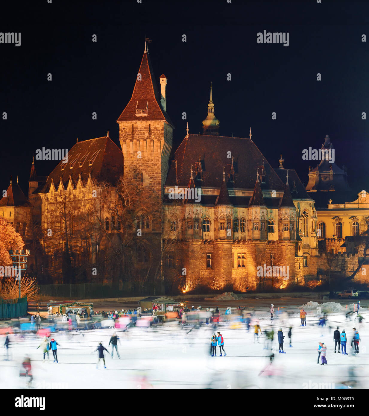 Eisbahn gegen die Vajdahunyad Burg in Budapest bei Nacht Stockfoto