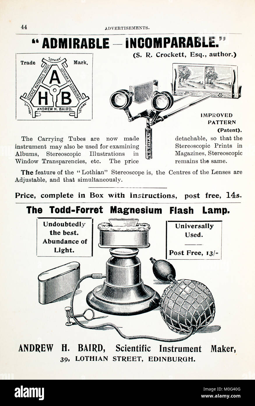 Stereo Viewer und Magnesium Flash Werbung von Fotografie in einer Nußschale, vom Kernel, Iliffe & Söhne, 1901 Stockfoto