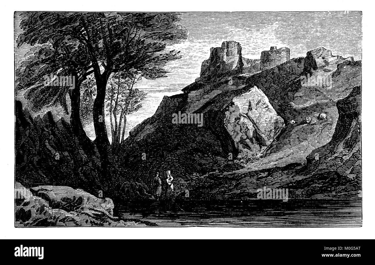 Gravieren von Harlech Castle, Gemälde von John Varley von 1888 Die Kunst des Skizzieren aus der Natur von Philip H Delamotte Stockfoto