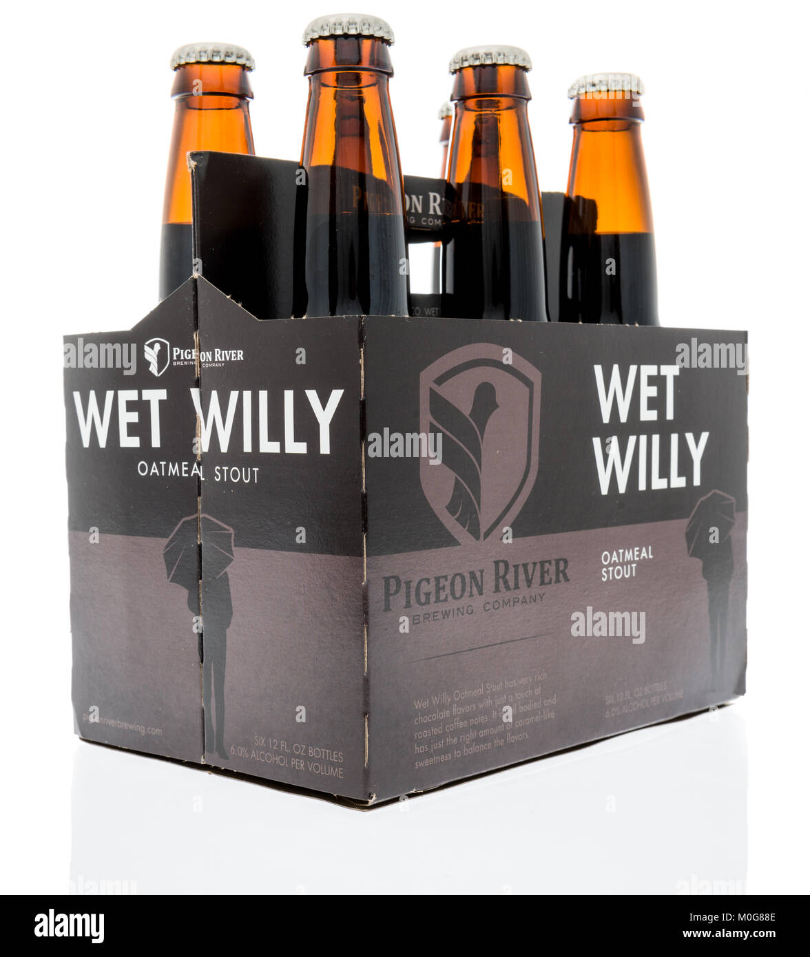 Winneconne, WI - 17. Januar 2018: ein Six Pack von Wet Willy oatmeal Stout Bier auf einem isolierten Hintergrund. Stockfoto