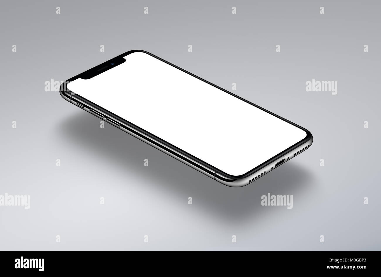 Ähnlich wie das iPhone X perspektivische Ansicht Isometrische smartphone Mockup schwebt über einer grauen Fläche. Neue rahmenlose Smartphone mockup mit weißer Bildschirm. Stockfoto