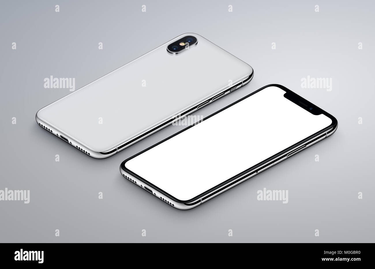 Perspektivische Ansicht Isometrische white Smartphone ähnlich iPhone X mockup. Neue rahmenlose smartphone Rückseite und Vorderseite mockup. Stockfoto