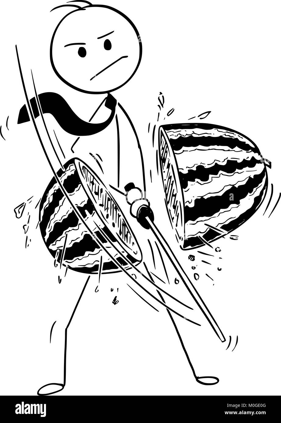Konzeptionelle Cartoon von Geschäftsmann Schneiden Wassermelone mit Katana Schwert Stock Vektor