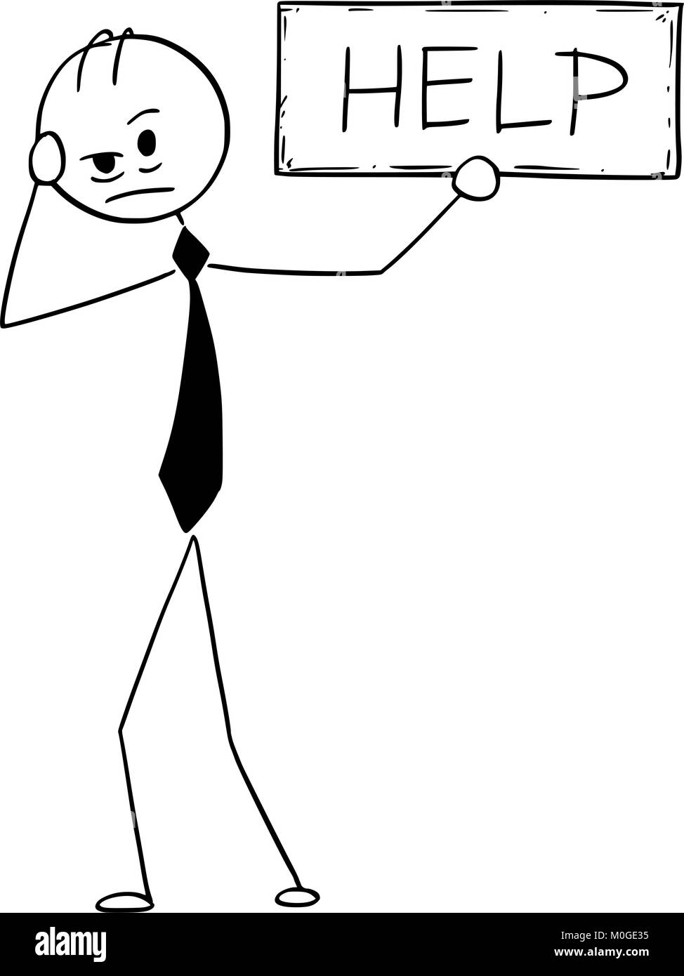 Konzeptionelle Cartoon von depressiven Geschäftsmann mit Hilfe Anmelden Stock Vektor