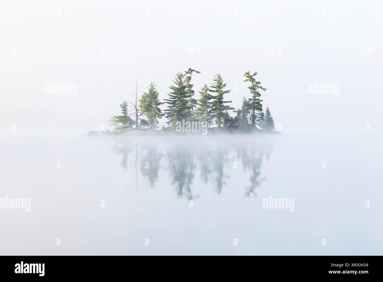 Nebel hüllt eine kleine Insel auf Turtle Lake in Ontario Muskoka Region, in der Nähe von Rosseau; Ontario, Kanada Stockfoto