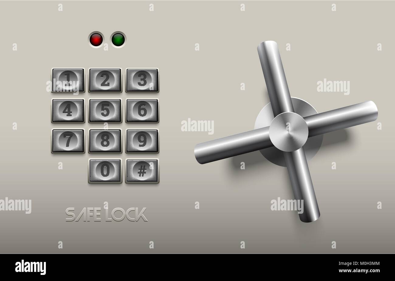 Realistische safe lock Metall Element auf weißem Hintergrund. Edelstahl Rad. Vektor Symbol oder Element der Gestaltung. Metall Tastenfeld mit Nummer Stock Vektor