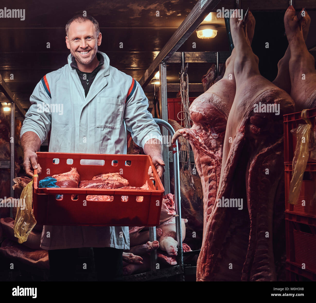 Der Metzger in einem Fleisch Gefrierschrank Stockfotografie - Alamy