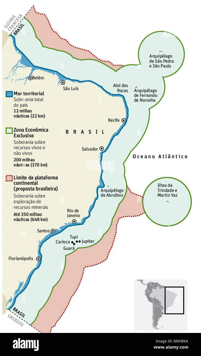 Analyse der AWZ und des Festlandsockels Brasiliens mit Aufschluss über Meeresgrenzen, Meeresressourcen und territoriale Ausdehnung Stockfoto