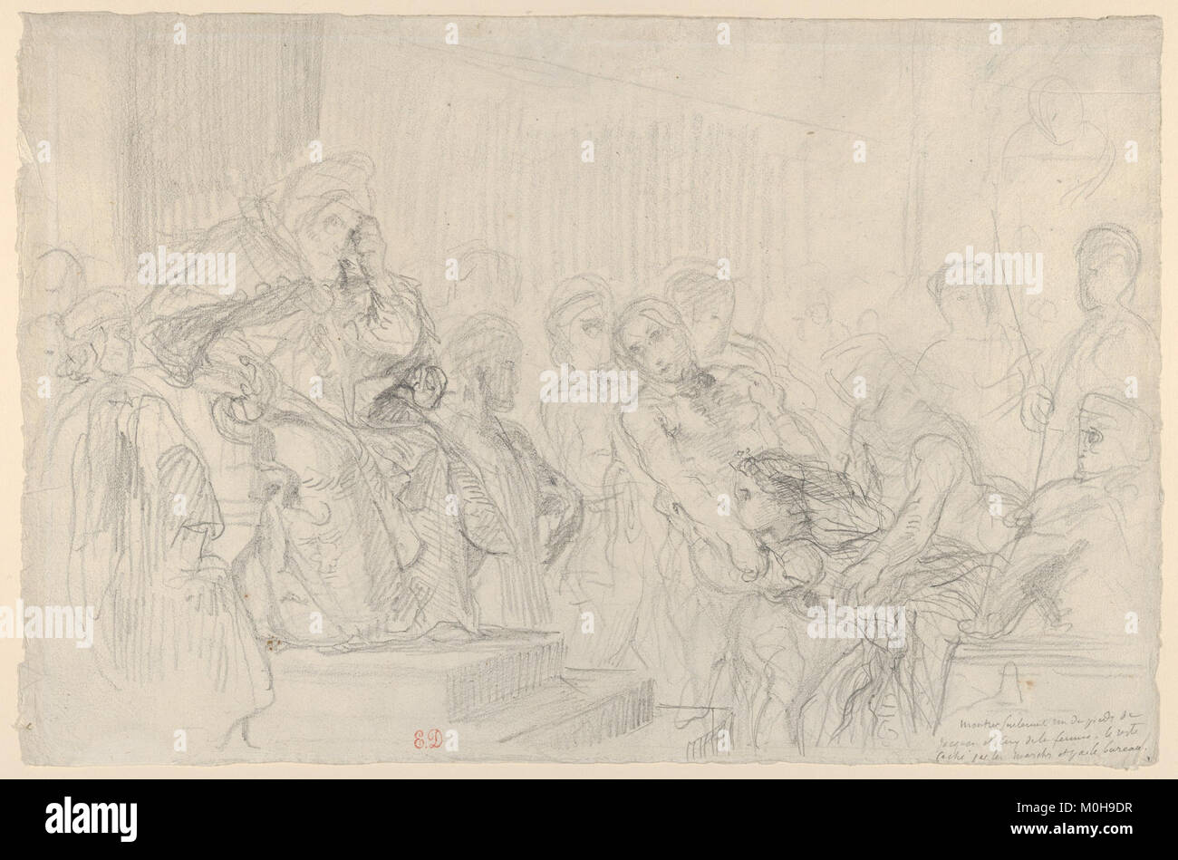 Eine Studienzeichnung mit dem Titel „Jacopo brachte vor seinen Vater, den Dogen“ für Lord Byrons Stück „die zwei Foscari“, die einen dramatischen Moment zwischen Vater und Sohn im Renaissance-Venedig darstellt. Die Arbeit beschäftigt sich mit Themen wie Gerechtigkeit, Loyalität und familiäre Konflikte. Stockfoto