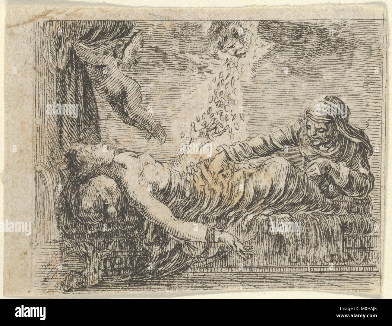 Eine gravierte Illustration von Jupiter und Danaë aus *Jeu de la Mythologie*, die eine klassische mythologische Szene darstellt, die in Frankreich hergestellt wurde, mit raffinierten Stichen und künstlerischer Komposition. Stockfoto