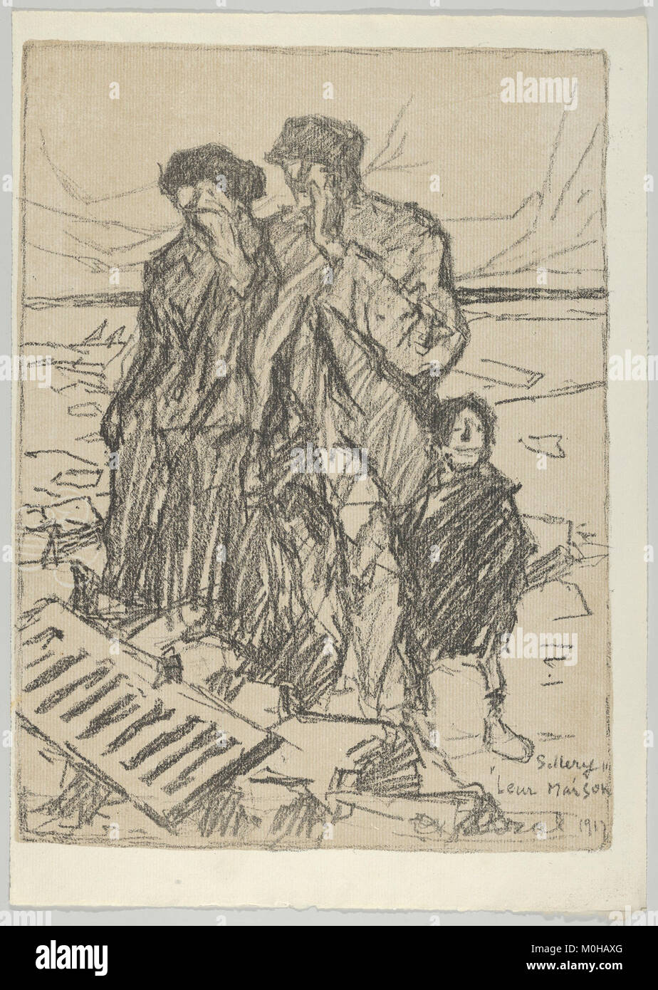 Leur maison ist eine Lithografie von Louis-Robert Antral (1917) aus der Reihe Les Evacués, die vom Metropolitan Museum of Art unter dem Beitritt DP842922 gehalten wird. Das Bild zeigt die zivile Evakuierung und die Vertreibung der Heimatfront im Frankreich des frühen 20. Jahrhunderts. Stockfoto