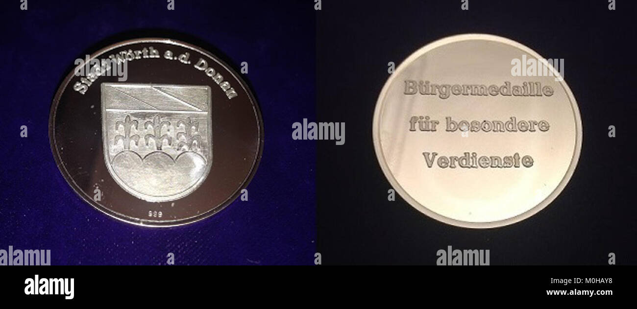 Die Bürgermedaille Würth Donau ist eine deutsche Regionalmedaille für herausragende bürgerliche, soziale oder kulturelle Beiträge innerhalb der Donaugemeinschaft. Stockfoto