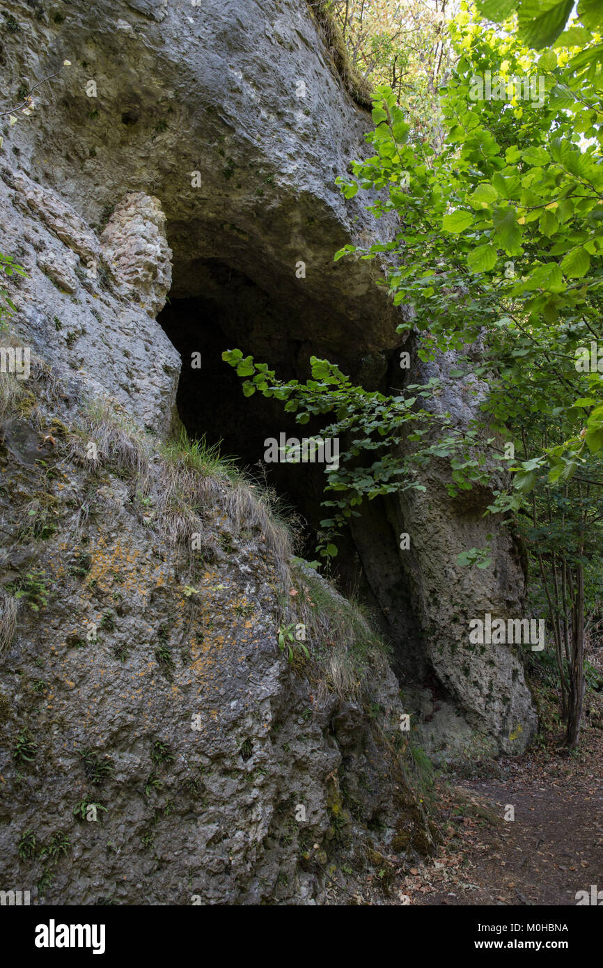 Der Burgstall Oberntüchersfeld in Deutschland enthält Reste einer mittelalterlichen Burg oder Festung. Sie bietet archäologische Einblicke in die feudale Geschichte und Siedlungsmuster der Region. Stockfoto