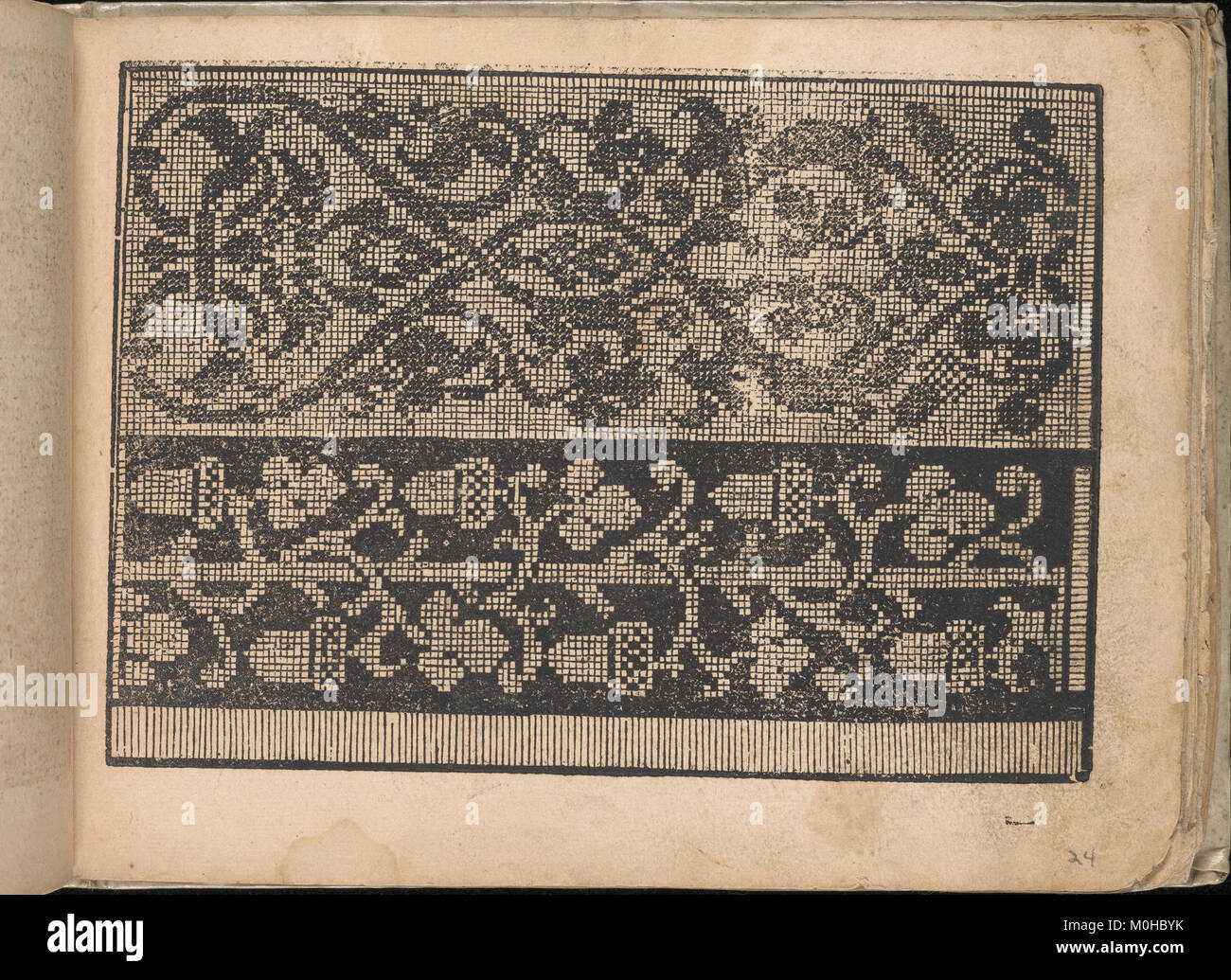 Eine Seite aus dem historischen Kunstbuch „Neu künstlerlich Modelbuch“, Teil der Sammlung des Metropolitan Museum of Art, zeigt dekorative Muster und Designs von Künstlern und Handwerkern. Stockfoto