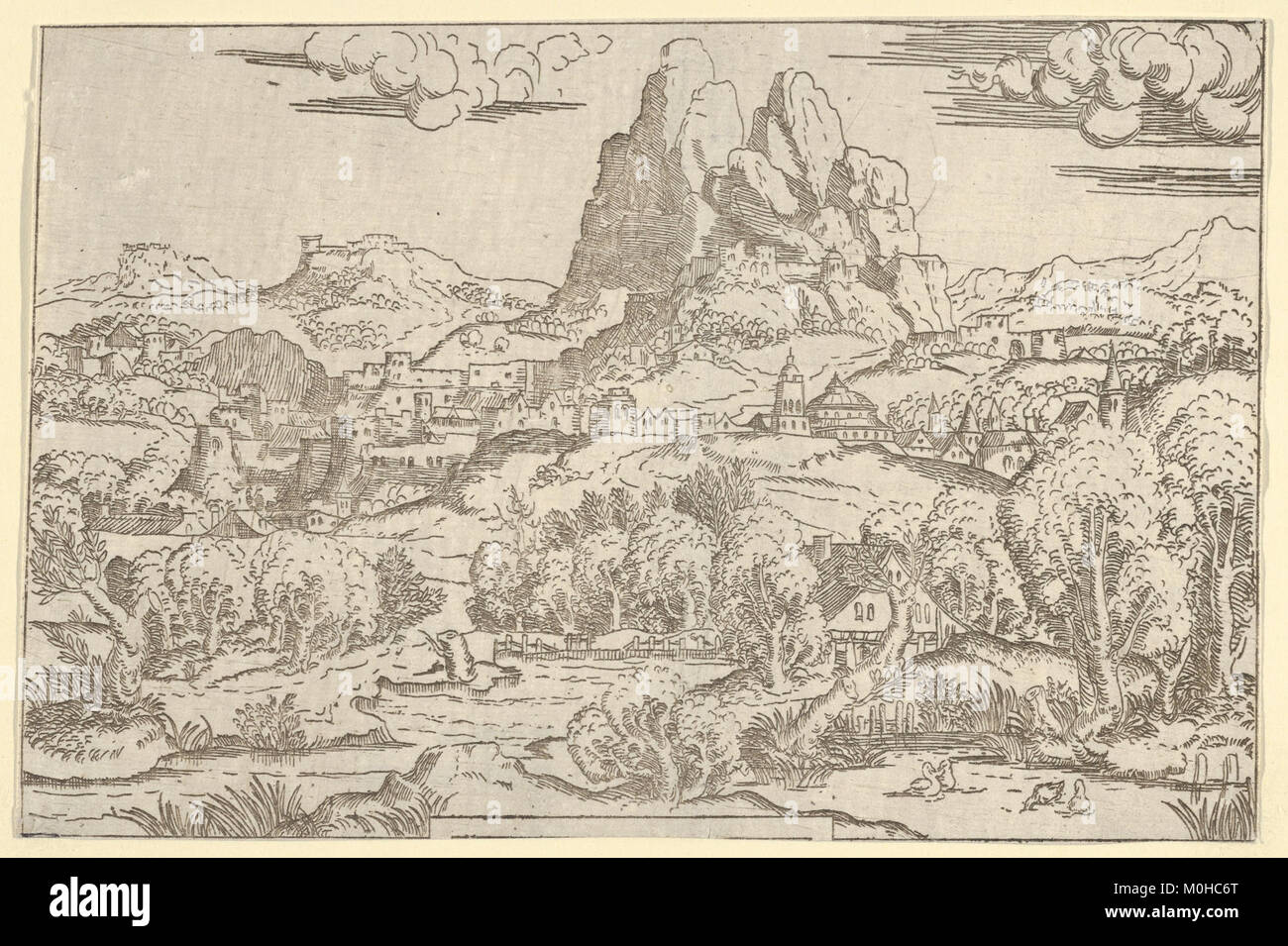 Dieses Kunstwerk zeigt eine Landschaftsszene aus dem Gemälde „Venus Pushing Cupid“, das klassische Kunst und mythologische Themen reflektiert und ästhetische Details und Komposition der Zeit betont. Stockfoto