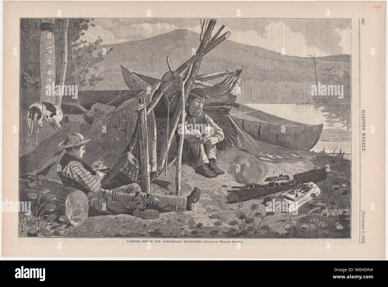 Illustration „Camping Out in the Adirondacks“ von Winslow Homer, veröffentlicht in Harper’s Weekly, Vol. XVIII. Das Kunstwerk zeigt eine Wildnis-Camping-Szene, die das amerikanische Outdoor-Leben des 19. Jahrhunderts widerspiegelt. Stockfoto
