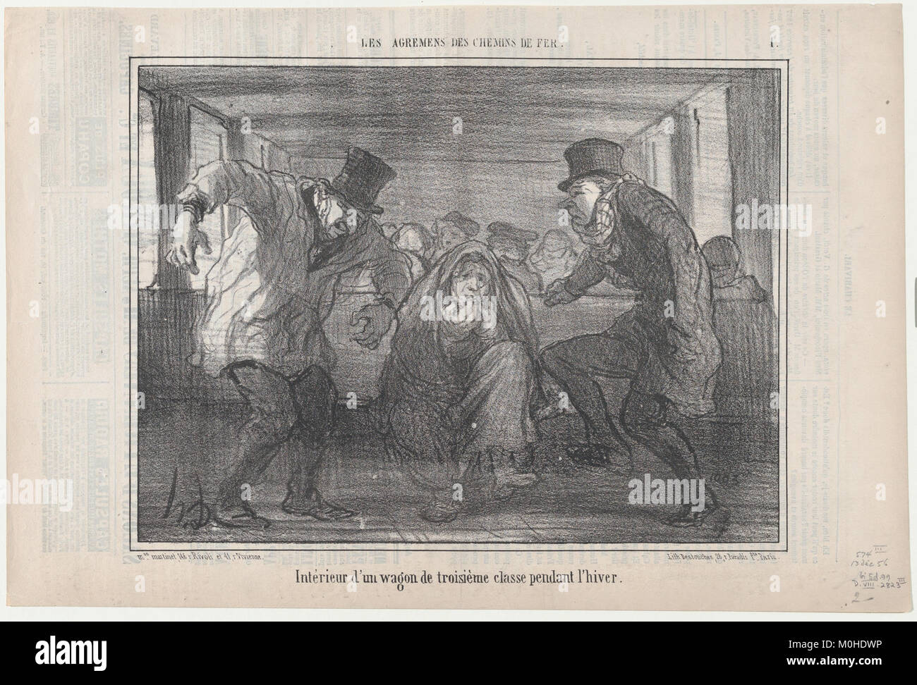 Diese 1856 entstandene Illustration aus Le Charivari zeigt das Innere eines Eisenbahnwagens dritter Klasse im Frankreich des 19. Jahrhunderts. Es erfasst Passagiere verschiedener sozialer Hintergründe, was die zunehmende Zugänglichkeit des Schienenverkehrs während der Industriezeit widerspiegelt. Stockfoto