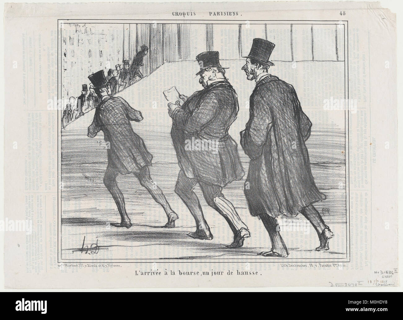 Eine Illustration von „Croquis Parisiens“ zeigt die Ankunft an der Pariser Börse während eines Anstiegs der Aktienkurse und zeigt die finanzielle Spannung im Paris des 19. Jahrhunderts. Stockfoto