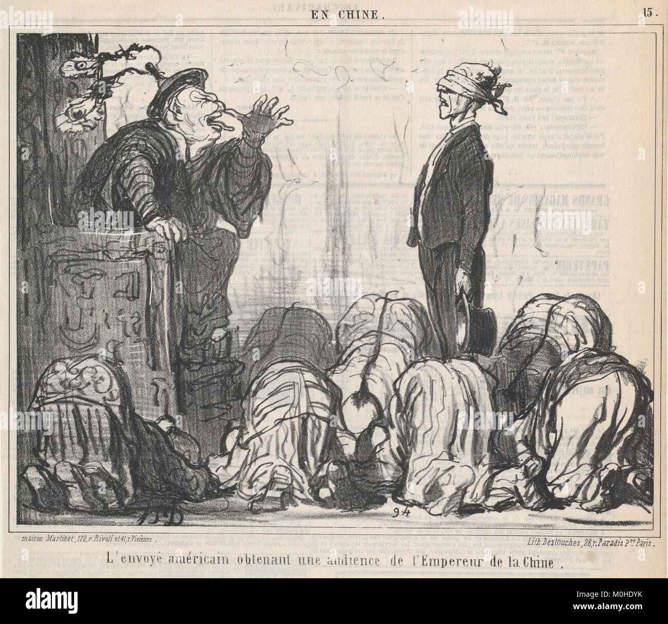Eine Lithografie mit dem Titel *L'envoyé américain obtenant une Audience de l'Empereur de la Chine...* von Honoré Daumier, veröffentlicht in *Le Charivari* am 21. Oktober 1859. Der Druck zeigt ein diplomatisches Treffen zwischen einem amerikanischen Gesandten und dem chinesischen Kaiser. Stockfoto