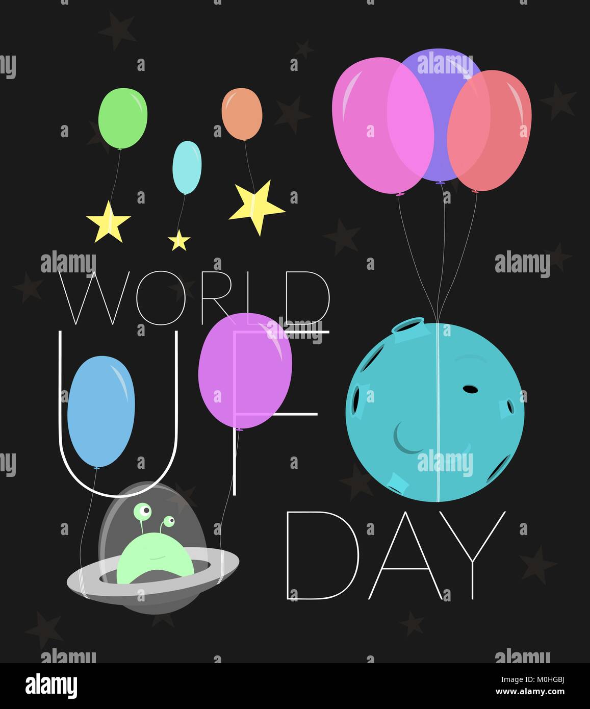 Welt UFO Tag Abbildung. Spaß vektor Grußkarte, Poster, Banner. Bunte cartoon Bild Stock Vektor