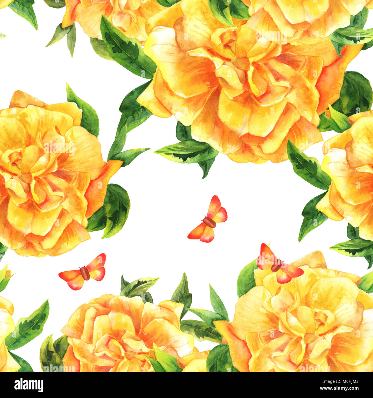 Eine nahtlose Muster mit einem Aquarell Zeichnung eines blühenden gelbe Rose mit grünen Zweige und Blätter, mit einem Schmetterling, Hand auf der Rückseite weiß lackiert Stockfoto
