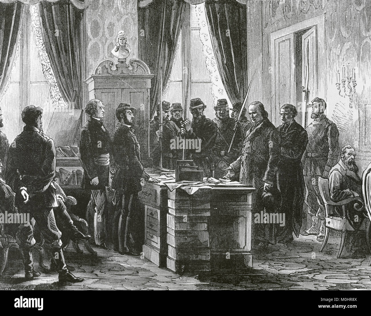 Frankreich. Insurrección de París, 1871. Die französische Prälat und Erzbischof von Paris (1863) Georges Darboy (1813-1871), Geisel der Regierung der Pariser Kommune von 1871 und zum Tode verurteilt. Darboy bevor die Revolutionäre von der Kommune. Gravur. La Ilustración Española y Americana, 1871. Stockfoto