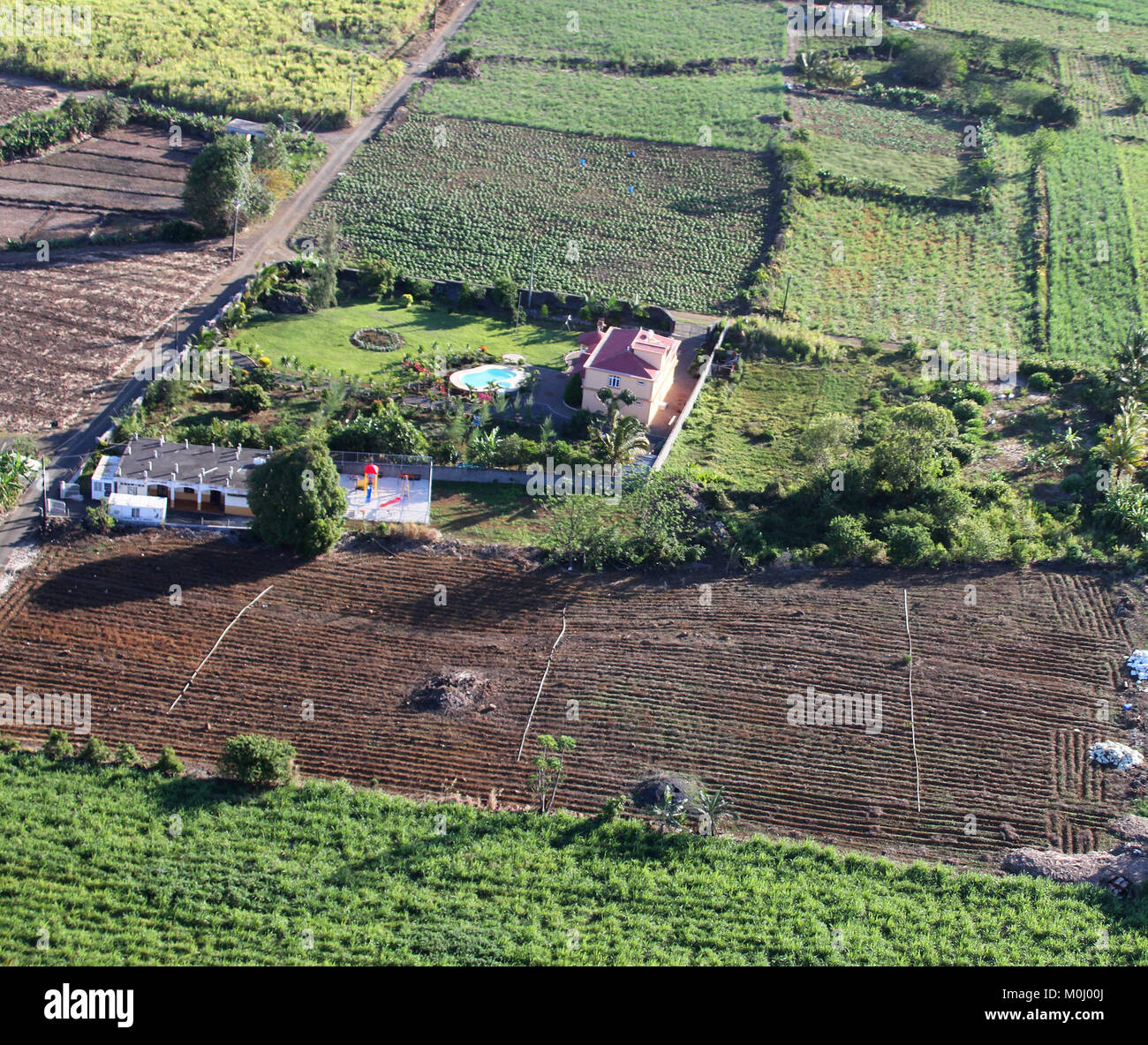 Luftaufnahme von landwirtschaftlich genutzten Feldern und Häusern aus einem Hubschrauber, die Republik von Mauritius. Stockfoto