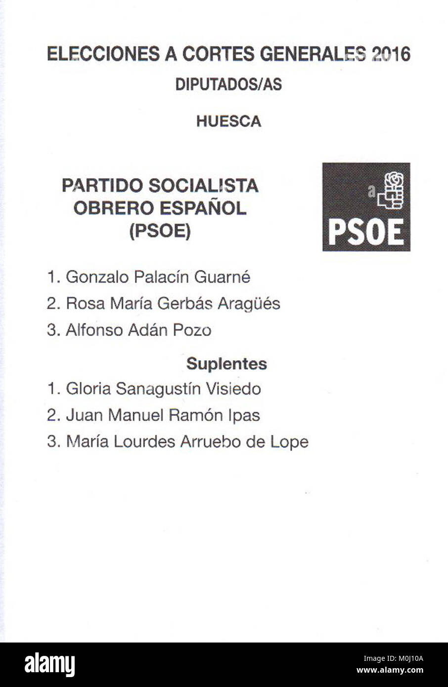Dieses Dokument bezieht sich auf die Kandidatur der Partido Socialista Obrero Español (PSOE), der Sozialistischen Arbeiterpartei Spaniens. Sie beschreibt die politische Haltung und den historischen Einfluss der Partei in der politischen Landschaft Spaniens. Stockfoto