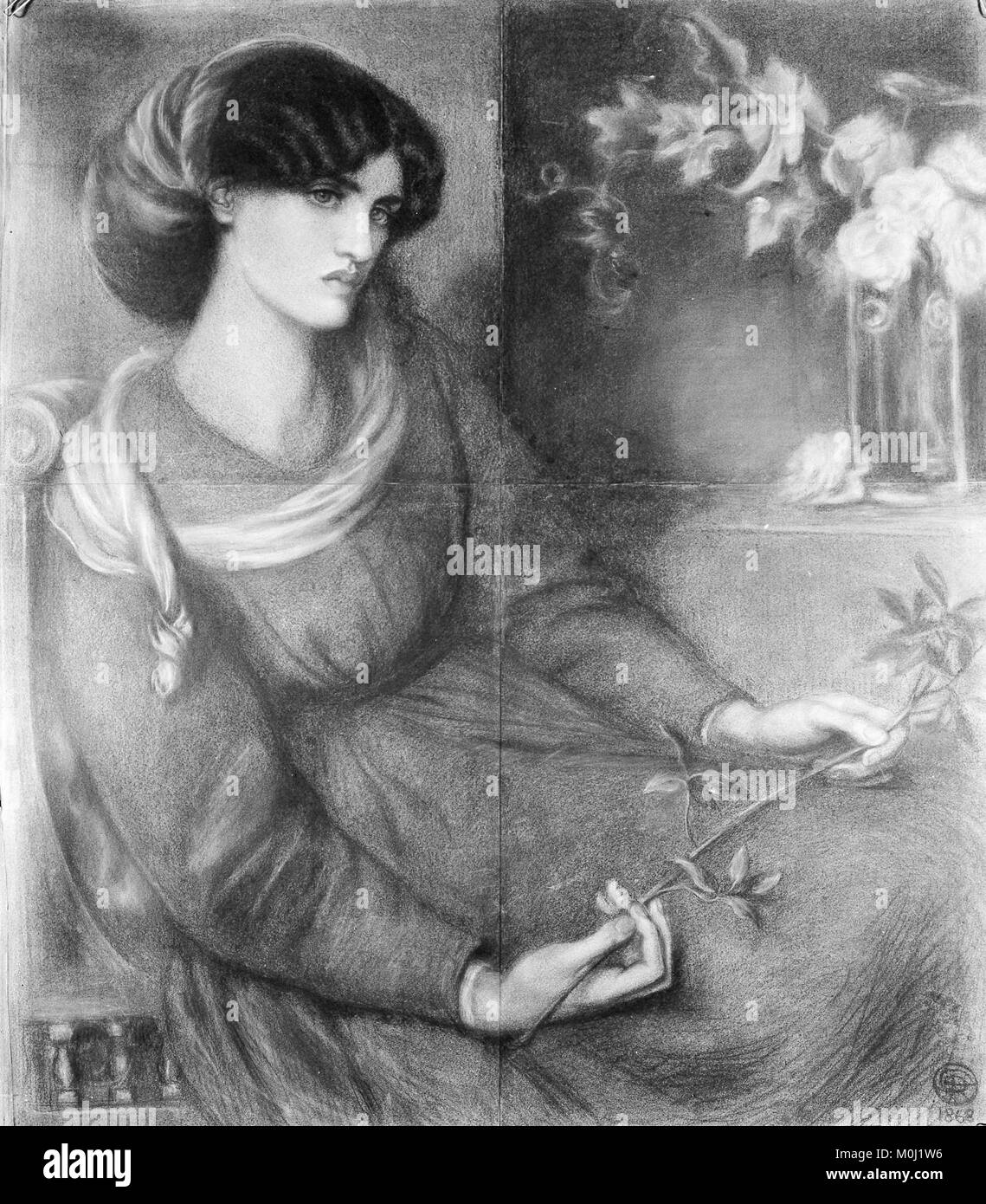 Diese Studie von Jane Morris für das Gemälde „Mariana“ spiegelt ihren Einfluss als Muse für präraffaelitische Künstler wider. Das Stück hebt viktorianische Kunstmerkmale hervor, betont emotionalen Ausdruck und detaillierte Kostümdarstellung. Stockfoto