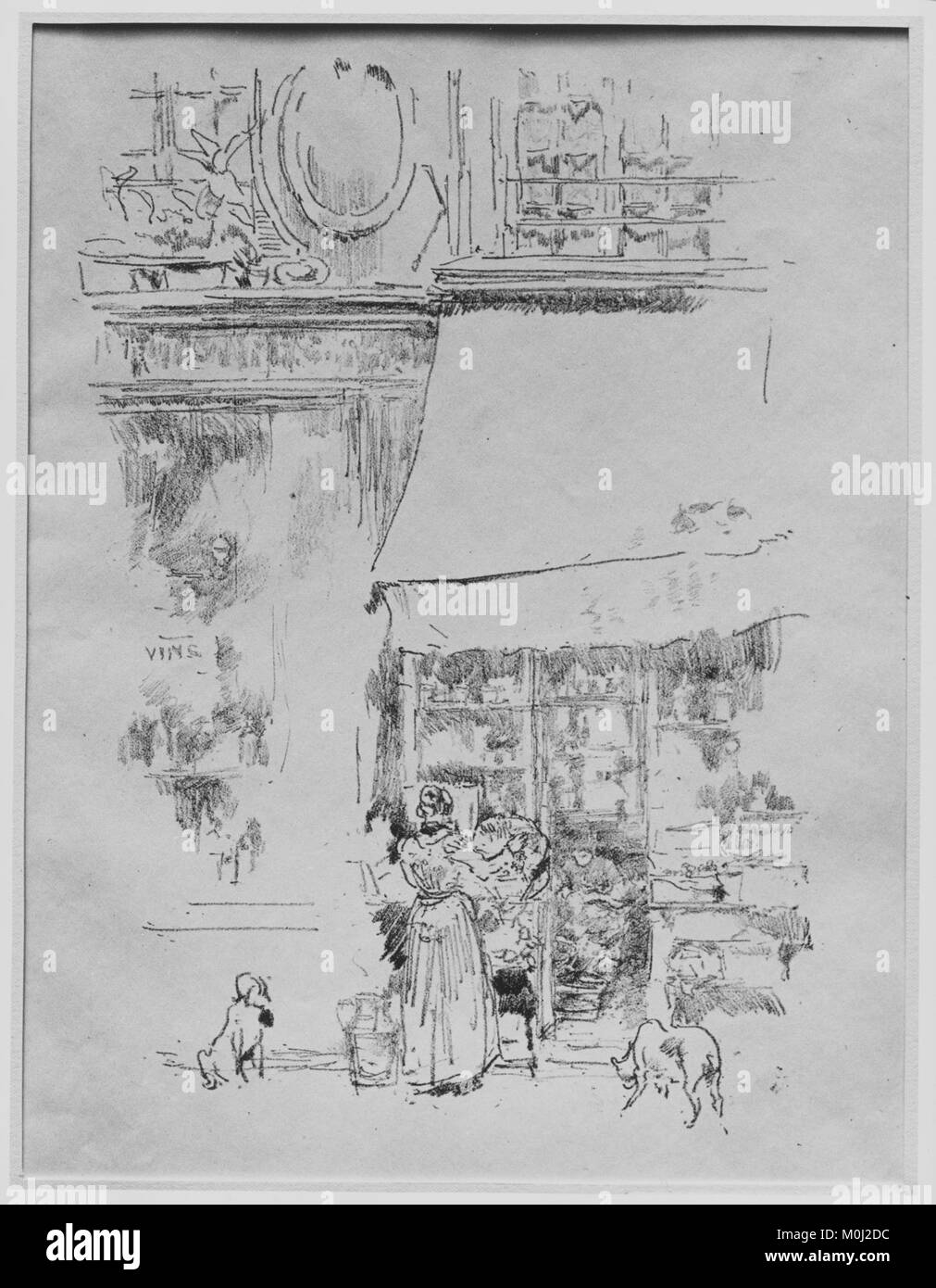 Ein Gemälde, das La Fruitière, den Obstmarkt in der Rue de Grenelle in Paris, zeigt das geschäftige Straßenleben und den Handel im Frankreich des 19. Jahrhunderts durch lebendige städtische und architektonische Details. Stockfoto