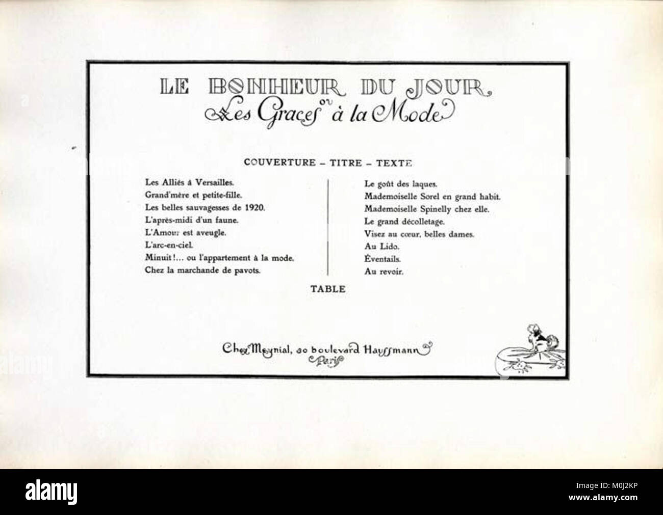 Dieses französische Kunstwerk aus dem 18. Jahrhundert, „Le bonheur du jour; ou, Les grâces à la Mode“, spiegelt durch detaillierte Illustration und Design zeitgenössische ideale von Schönheit und Mode wider und unterstreicht die Anmut und Raffinesse der französischen Kultur. Stockfoto