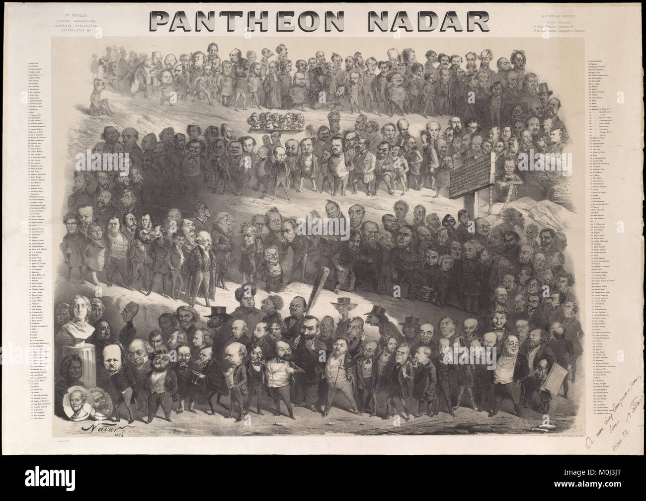 Nadars Pantheon ist eine Lithographie von Félix Nadar, die prominente französische Persönlichkeiten aus Kunst, Wissenschaft und Politik des 19. Jahrhunderts darstellt. Sie stellt ein wichtiges Beispiel für Karikatur- und Porträtkunst in Frankreich dar. Stockfoto