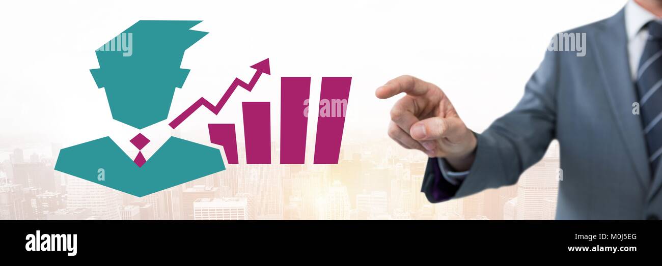 Zeiger mit Geschäftsmann und Chart Statistik Symbol Stockfoto