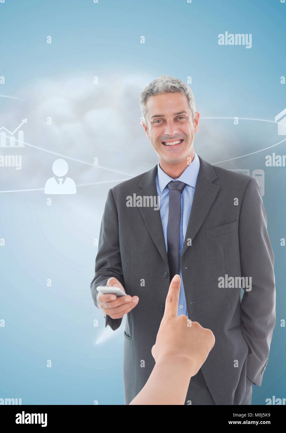 Hand ein Geschäftsmann auf blauem Hintergrund mit blauen Hintergrund Stockfoto