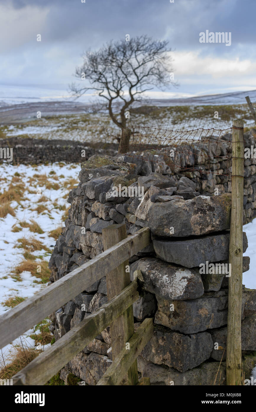 Winskill Steine im Winter oben Langcliffe in den Yorkshire Dales Stockfoto