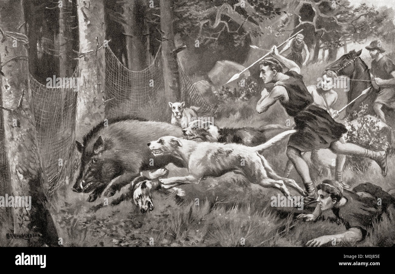 Jagd Wildschweine im antiken Rom. Von Hutchinson's Geschichte der Nationen, veröffentlicht 1915. Stockfoto