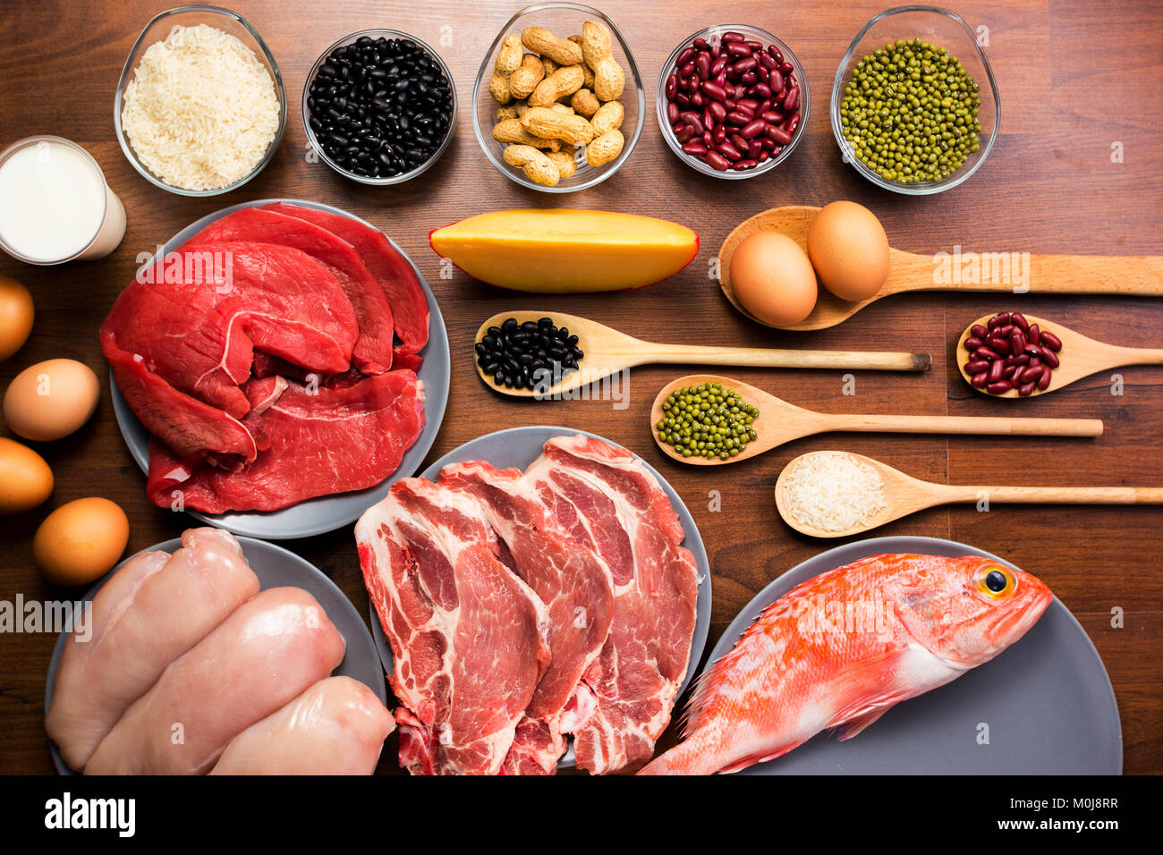 Verschiedene Arten von gesunden ungekochte Proteine Stockfoto