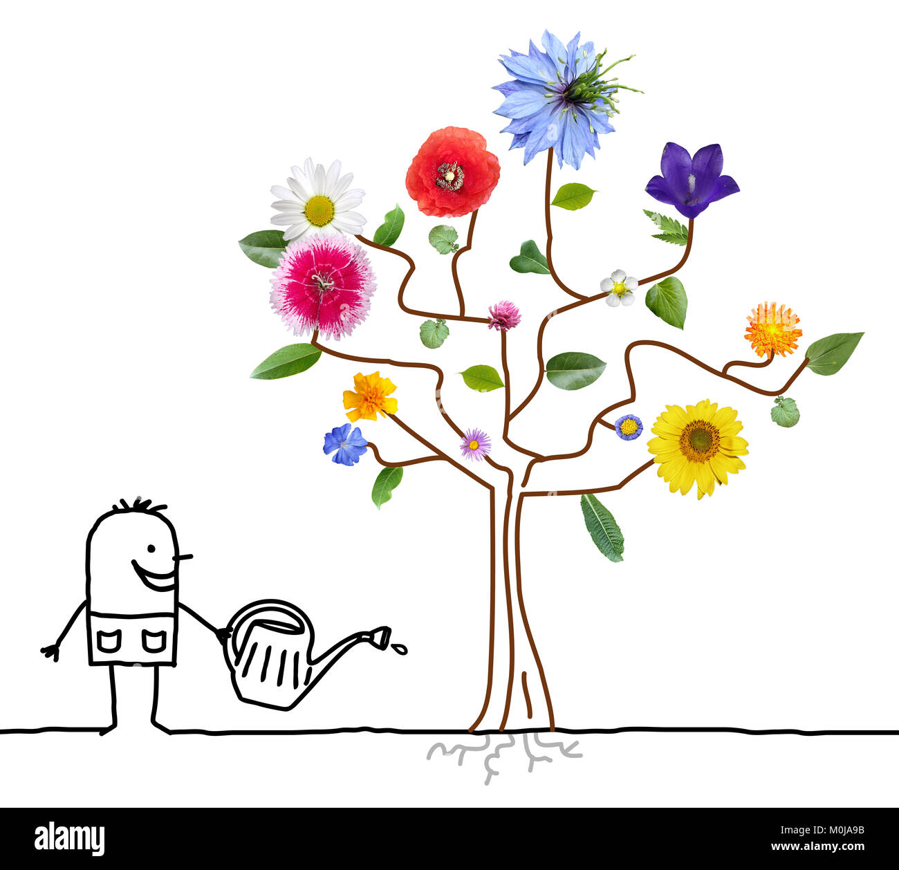 Cartoon Gärtner Beregnung blühenden Baum Stockfoto