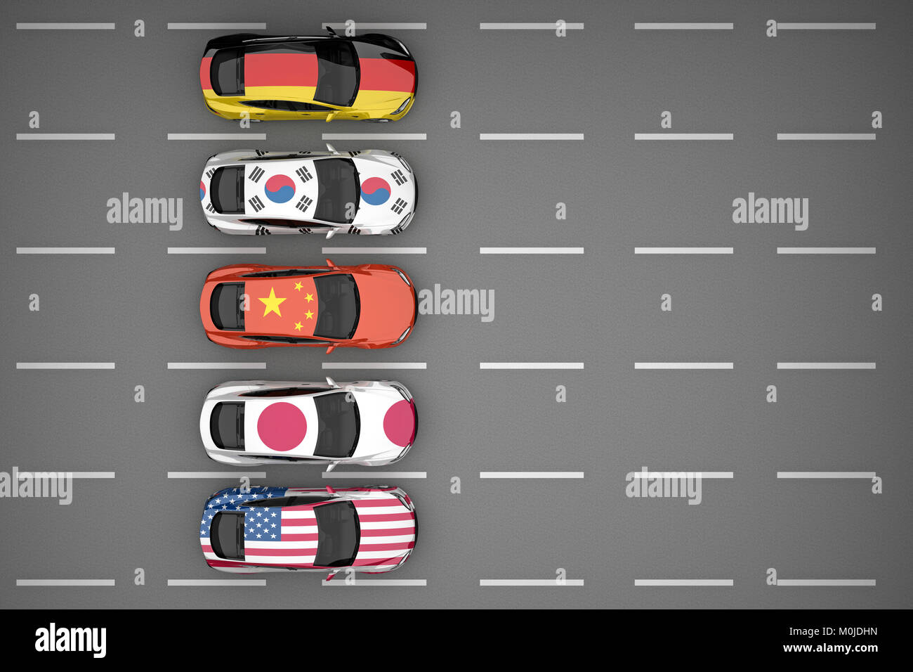 Gruppe von Autos in die Flagge des Landes Draufsicht gemalt. 3D-Rendering Stockfoto